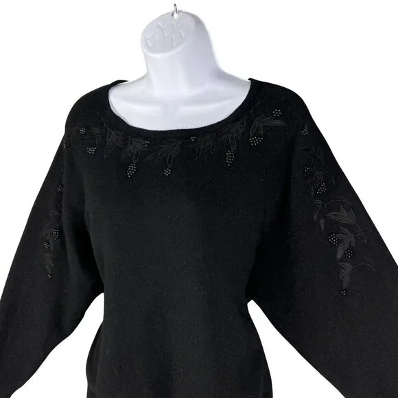 Robert Scott Women L Black Embroidered Beaded Lambswool Angora Sweater Fairygoth - Picture 4 of 16